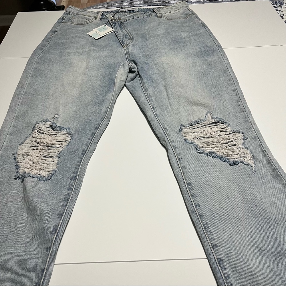 By Egreis Archie Jean Women Large Blue Denim Wide Leg High Waist Crisscross NEW - Picture 7 of 15